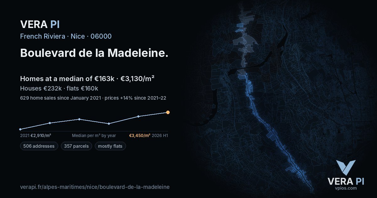Boulevard de la Madeleine, Nice at night – every parcel coloured by the prices around it, the street's own parcels lit