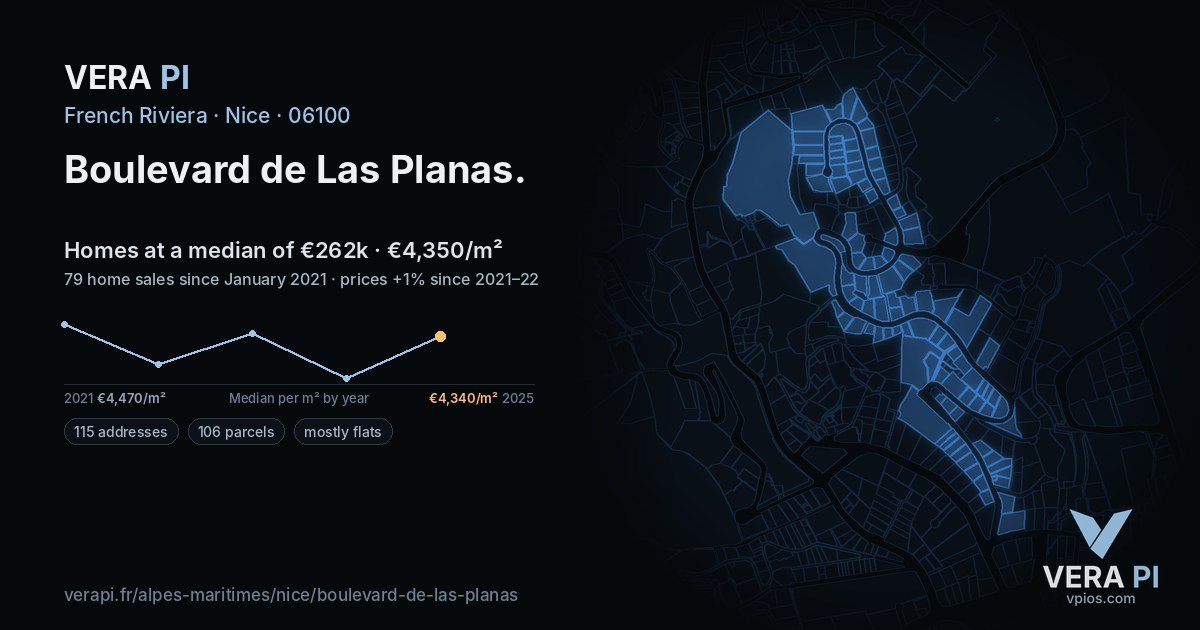 Boulevard de Las Planas, Nice at night – every parcel coloured by the prices around it, the street's own parcels lit