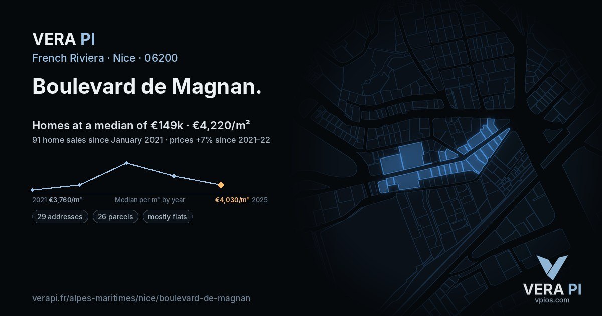 Boulevard de Magnan, Nice at night – every parcel coloured by the prices around it, the street's own parcels lit