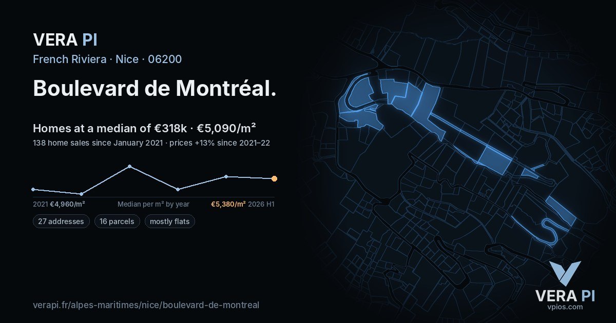 Boulevard de Montréal, Nice at night – every parcel coloured by the prices around it, the street's own parcels lit