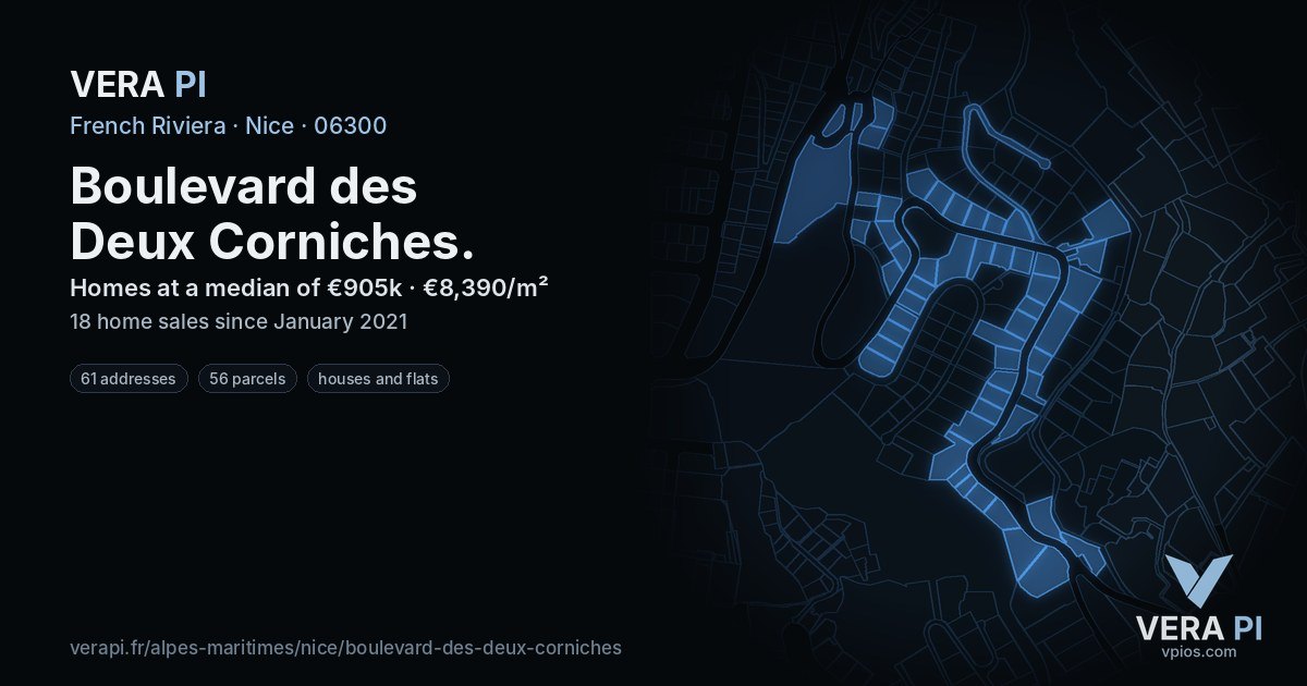 Boulevard des Deux Corniches, Nice at night – every parcel coloured by the prices around it, the street's own parcels lit