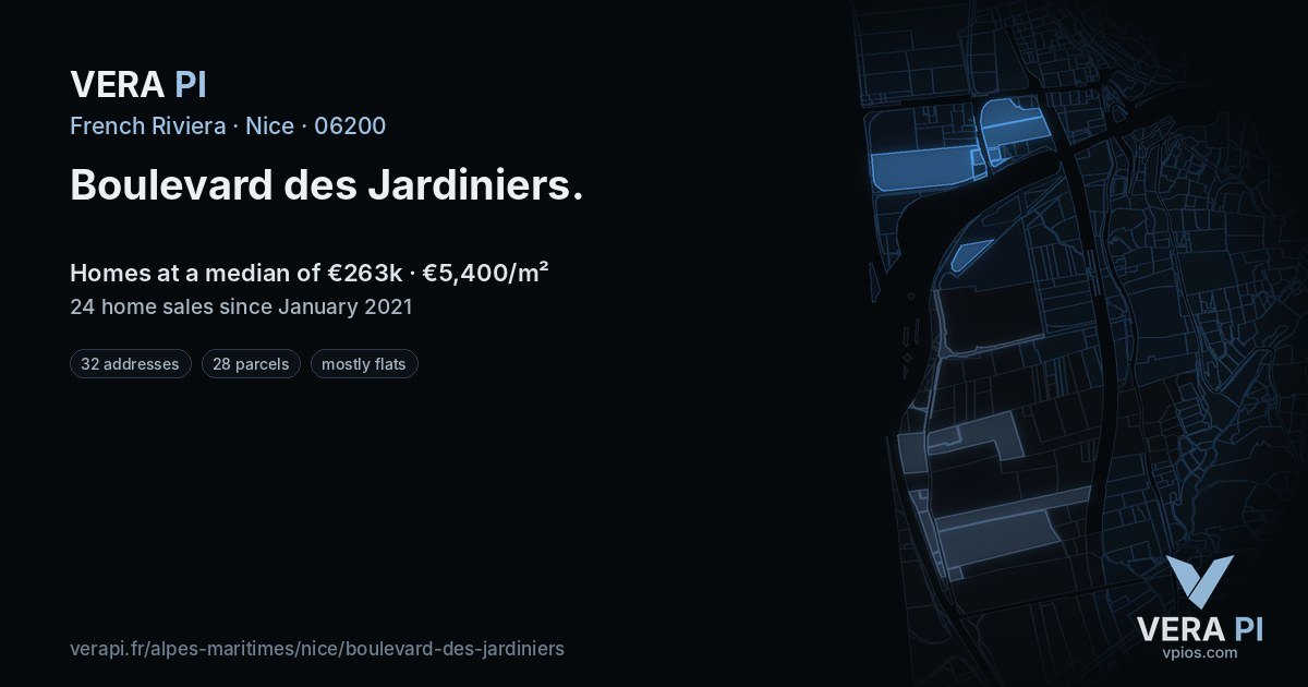 Boulevard des Jardiniers, Nice at night – every parcel coloured by the prices around it, the street's own parcels lit