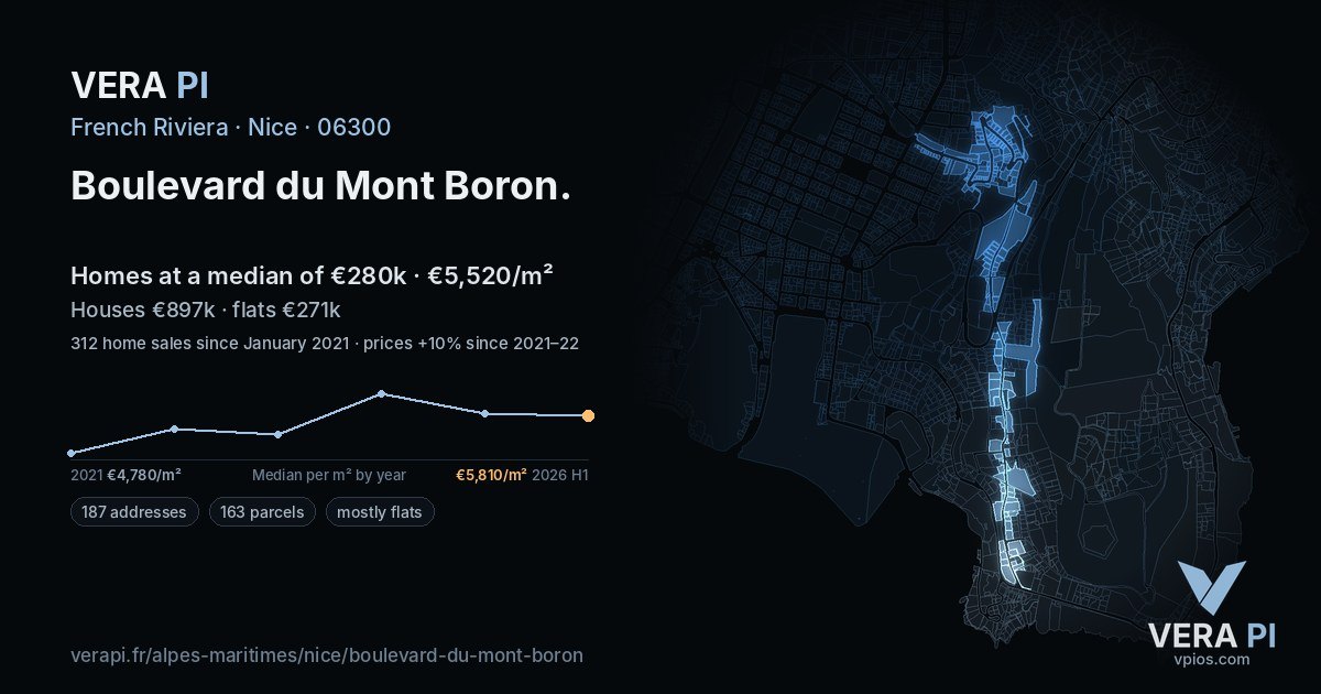 Boulevard du Mont Boron, Nice at night – every parcel coloured by the prices around it, the street's own parcels lit