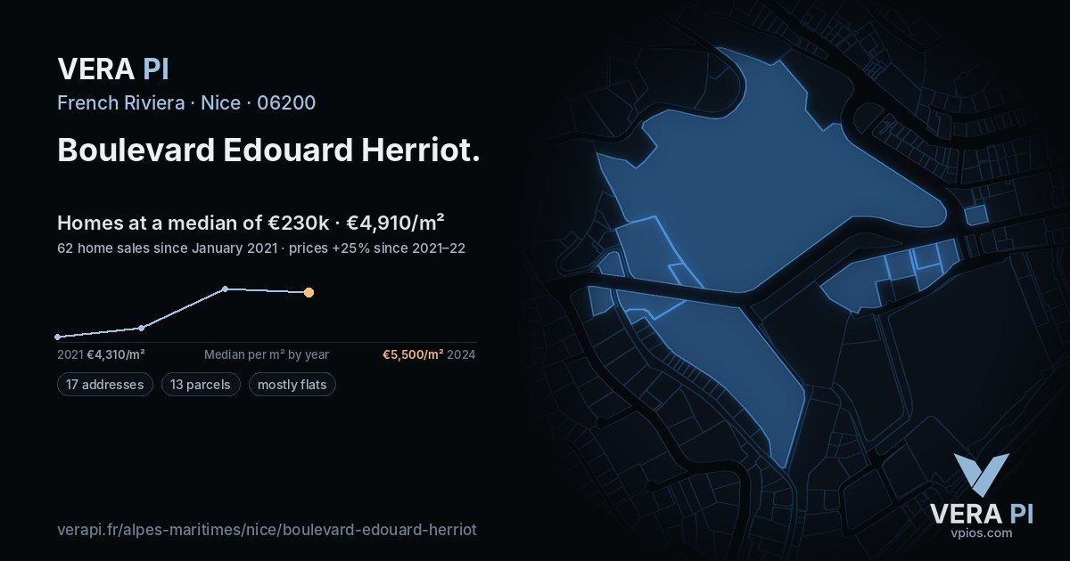 Boulevard Edouard Herriot, Nice at night – every parcel coloured by the prices around it, the street's own parcels lit