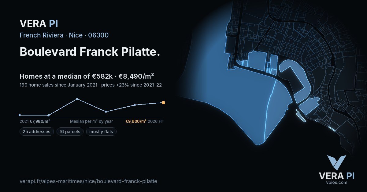 Boulevard Franck Pilatte, Nice at night – every parcel coloured by the prices around it, the street's own parcels lit