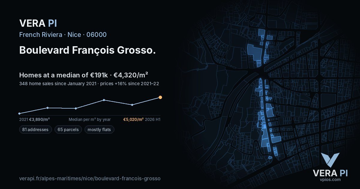 Boulevard François Grosso, Nice at night – every parcel coloured by the prices around it, the street's own parcels lit