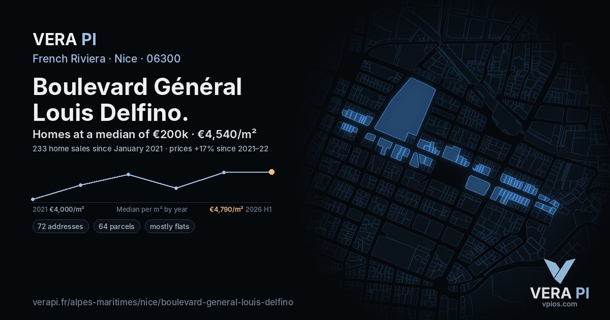 Boulevard Général Louis Delfino, Nice at night – every parcel coloured by the prices around it, the street's own parcels lit