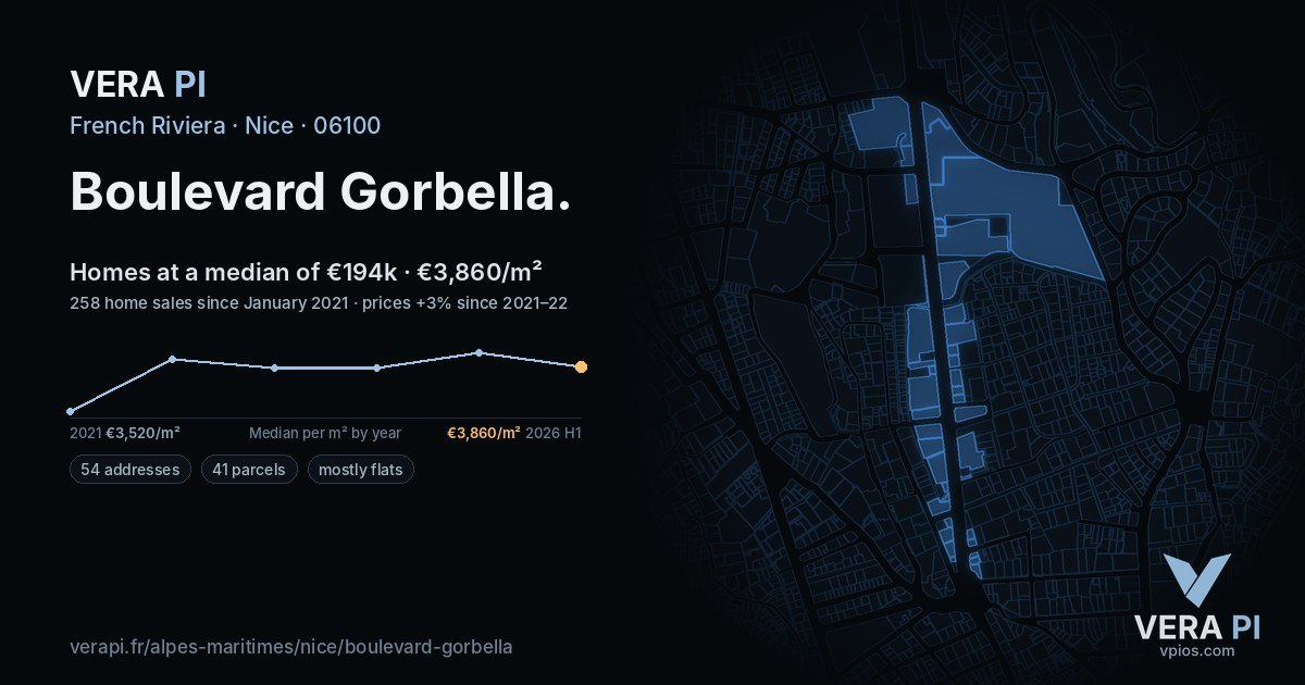 Boulevard Gorbella, Nice at night – every parcel coloured by the prices around it, the street's own parcels lit