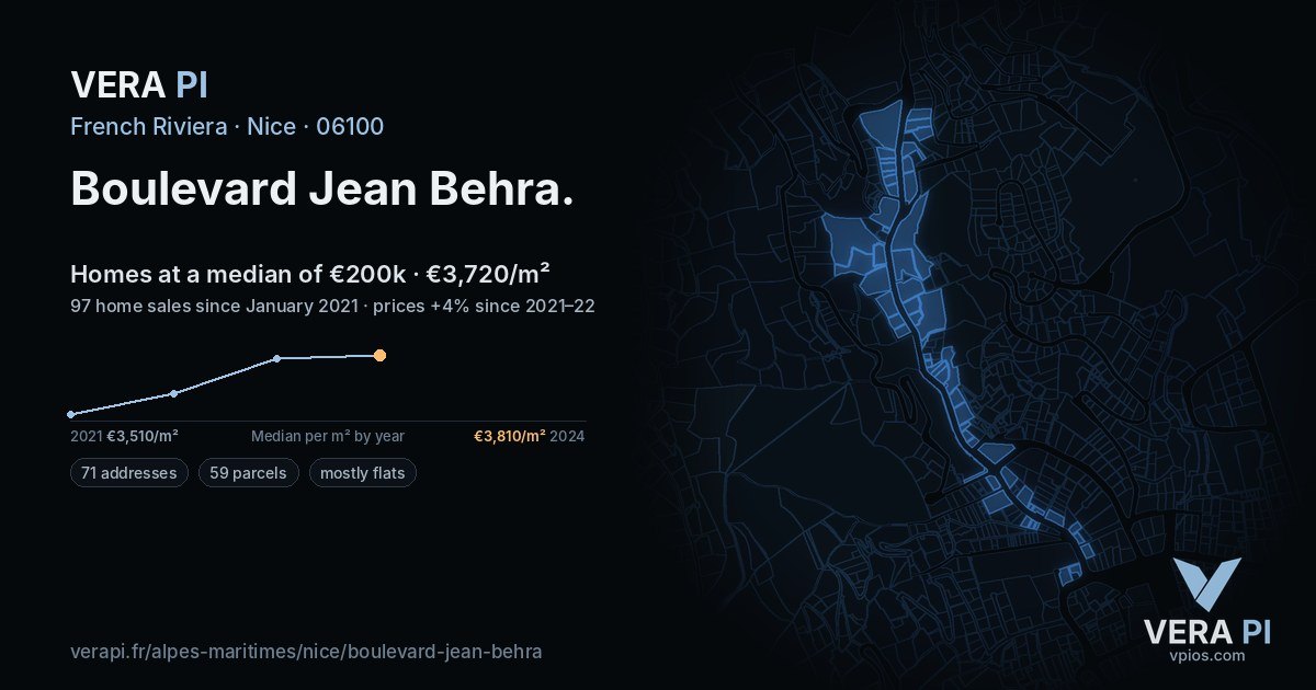 Boulevard Jean Behra, Nice at night – every parcel coloured by the prices around it, the street's own parcels lit