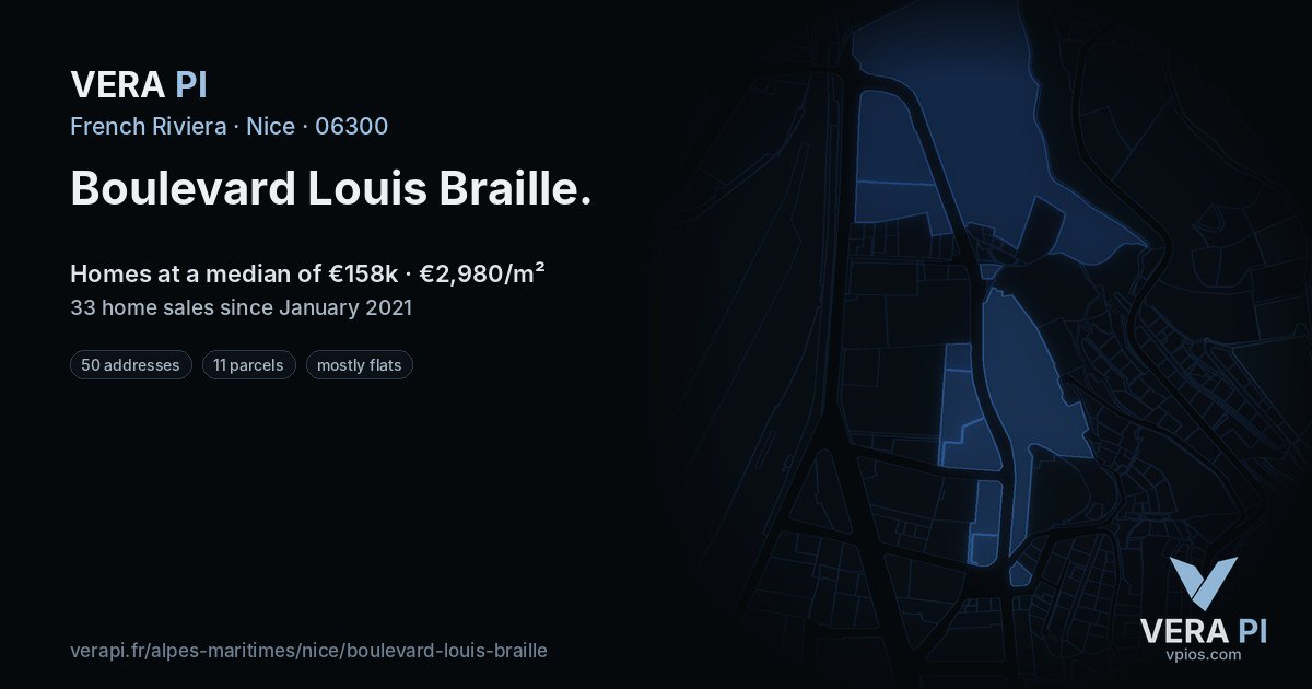 Boulevard Louis Braille, Nice at night – every parcel coloured by the prices around it, the street's own parcels lit