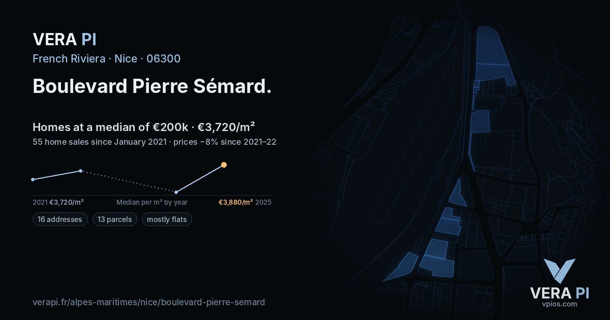 Boulevard Pierre Sémard, Nice at night – every parcel coloured by the prices around it, the street's own parcels lit