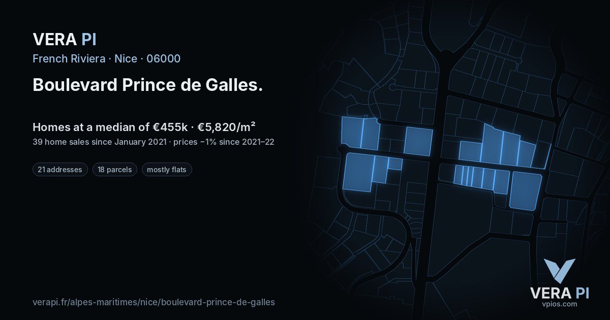 Boulevard Prince de Galles, Nice at night – every parcel coloured by the prices around it, the street's own parcels lit
