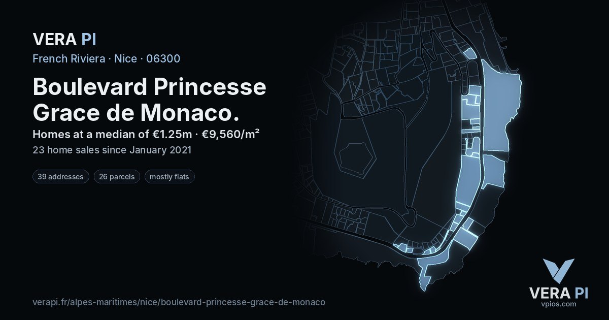 Boulevard Princesse Grace de Monaco, Nice at night – every parcel coloured by the prices around it, the street's own parcels lit