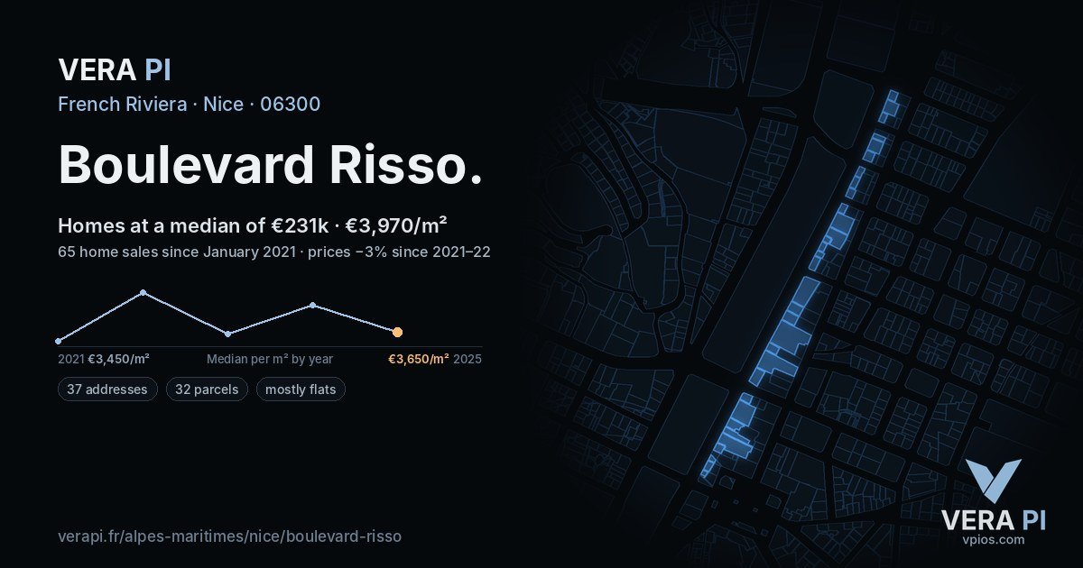 Boulevard Risso, Nice at night – every parcel coloured by the prices around it, the street's own parcels lit