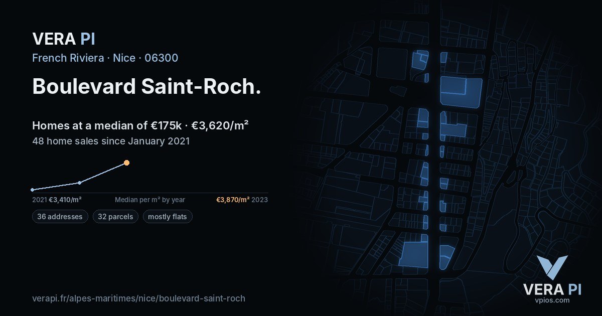 Boulevard Saint-Roch, Nice at night – every parcel coloured by the prices around it, the street's own parcels lit