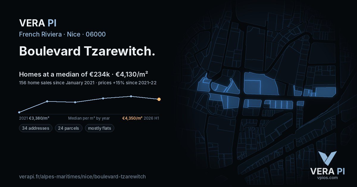 Boulevard Tzarewitch, Nice at night – every parcel coloured by the prices around it, the street's own parcels lit