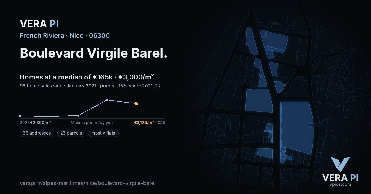 Boulevard Virgile Barel, Nice at night – every parcel coloured by the prices around it, the street's own parcels lit