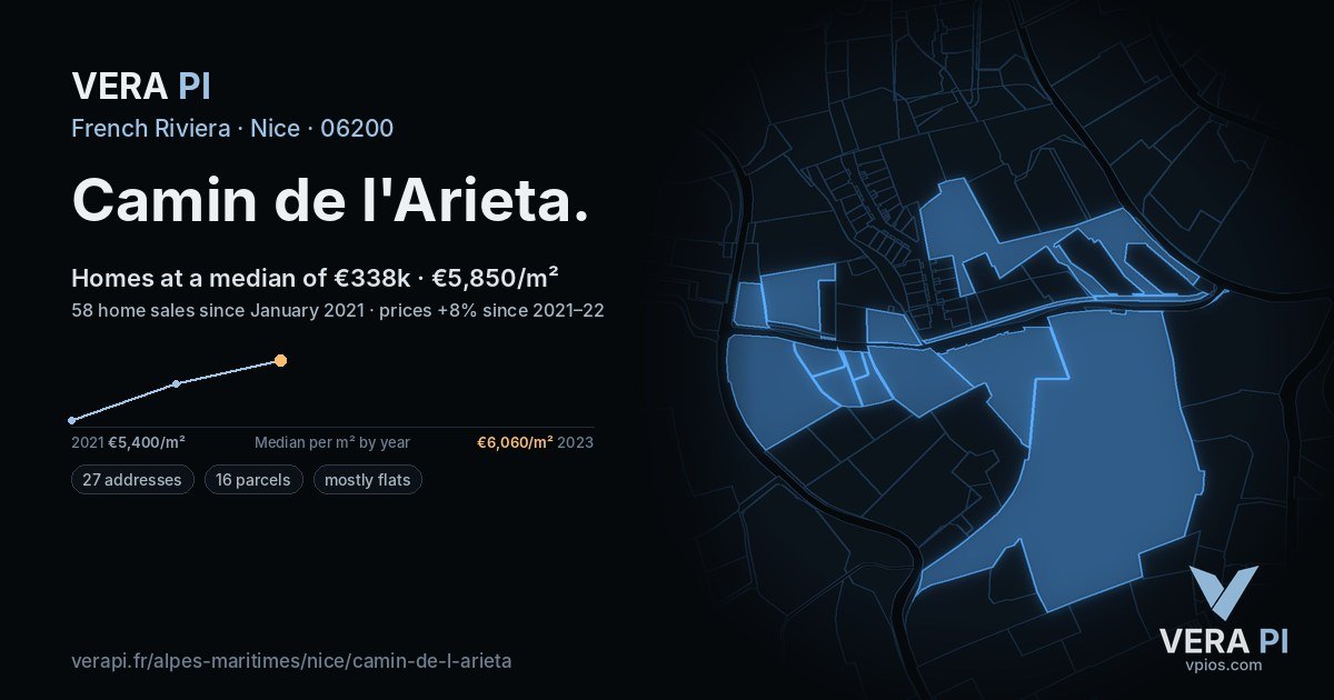 Camin de l'Arieta, Nice at night – every parcel coloured by the prices around it, the street's own parcels lit