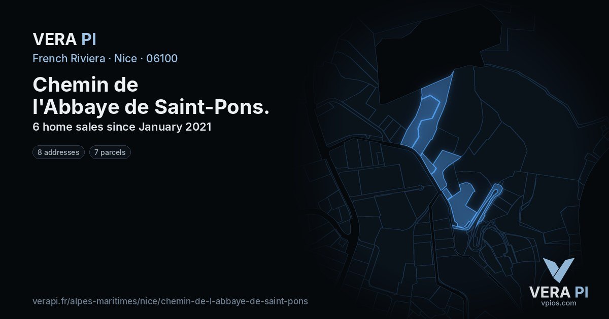 Chemin de l'Abbaye de Saint-Pons, Nice at night – every parcel coloured by the prices around it, the street's own parcels lit