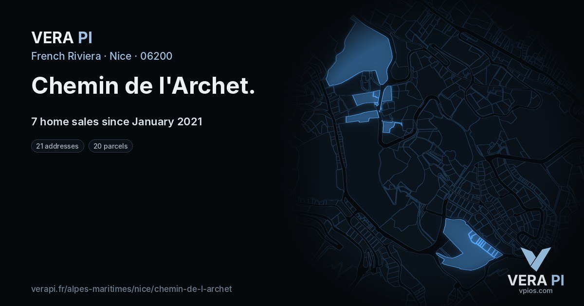 Chemin de l'Archet, Nice at night – every parcel coloured by the prices around it, the street's own parcels lit