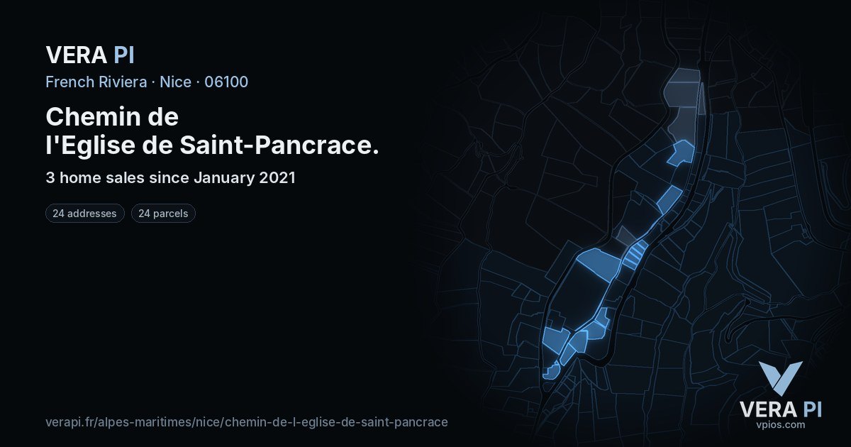 Chemin de l'Eglise de Saint-Pancrace, Nice at night – every parcel coloured by the prices around it, the street's own parcels lit
