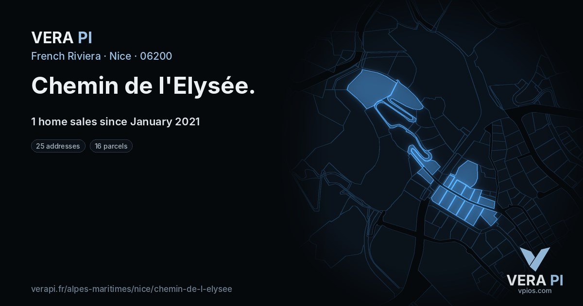Chemin de l'Elysée, Nice at night – every parcel coloured by the prices around it, the street's own parcels lit