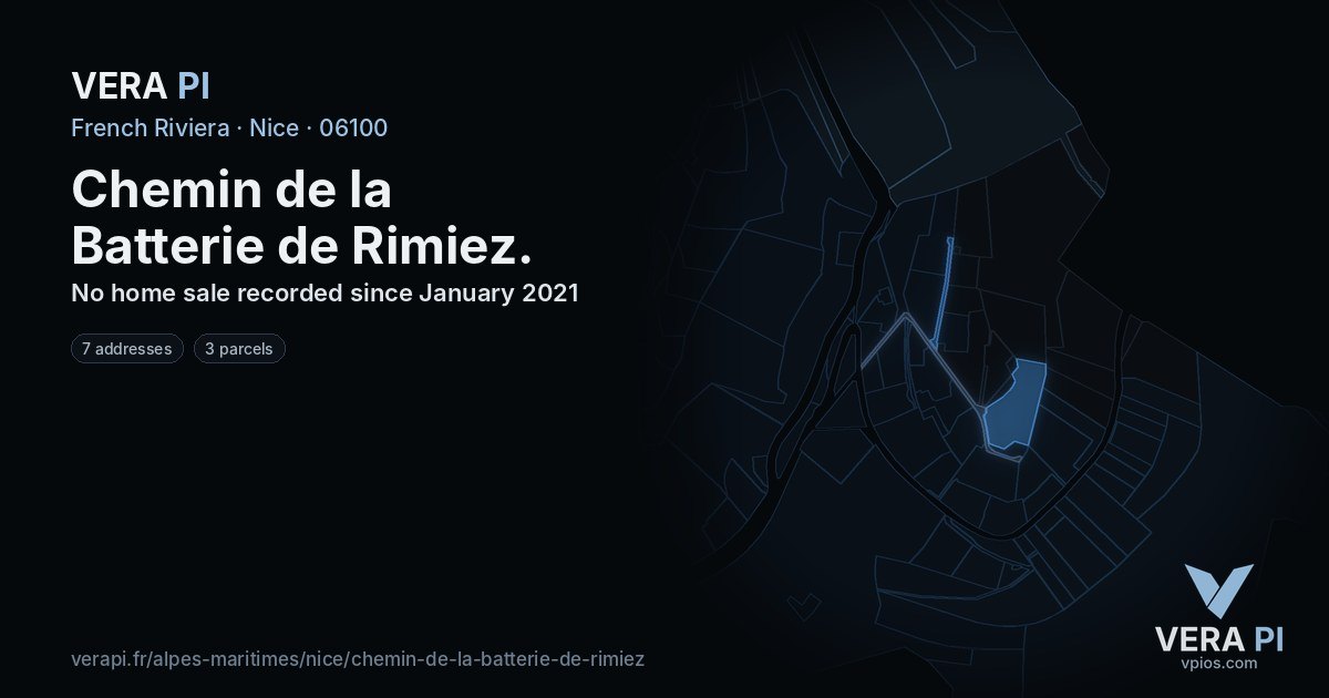 Chemin de la Batterie de Rimiez, Nice at night – every parcel coloured by the prices around it, the street's own parcels lit