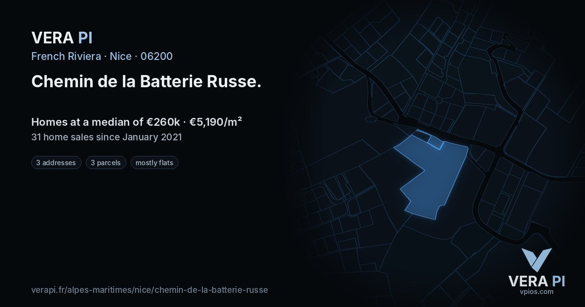 Chemin de la Batterie Russe, Nice at night – every parcel coloured by the prices around it, the street's own parcels lit