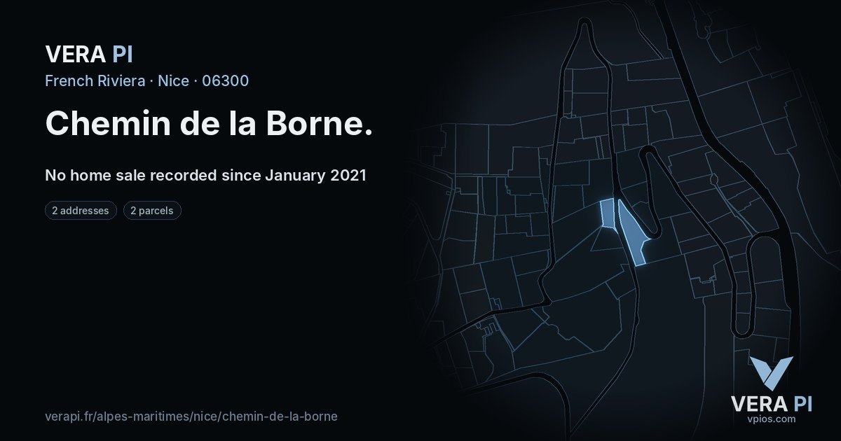 Chemin de la Borne, Nice at night – every parcel coloured by the prices around it, the street's own parcels lit
