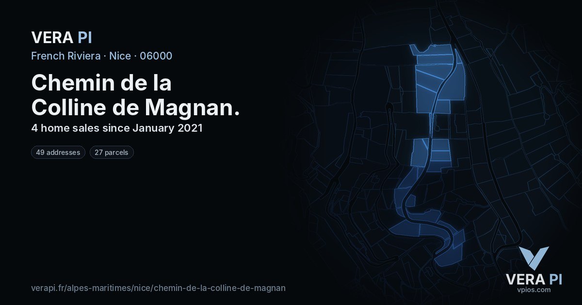 Chemin de la Colline de Magnan, Nice at night – every parcel coloured by the prices around it, the street's own parcels lit