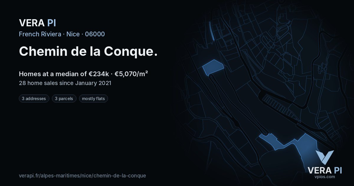 Chemin de la Conque, Nice at night – every parcel coloured by the prices around it, the street's own parcels lit