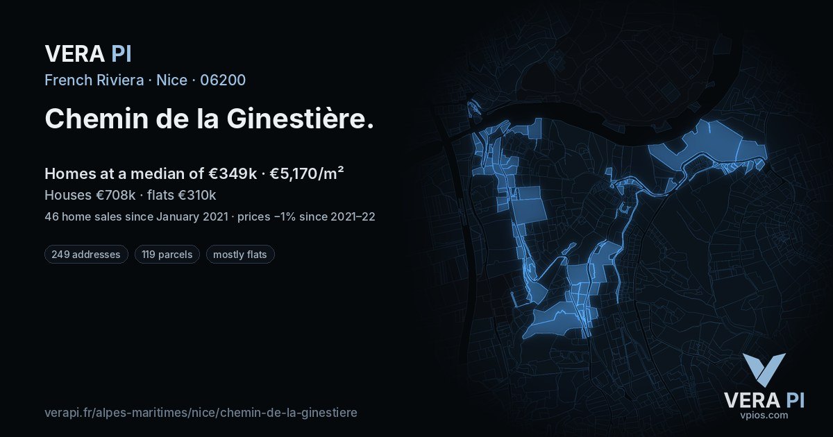 Chemin de la Ginestière, Nice at night – every parcel coloured by the prices around it, the street's own parcels lit