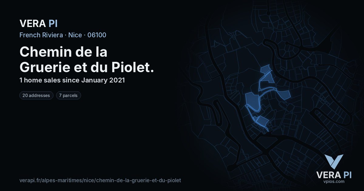 Chemin de la Gruerie et du Piolet, Nice at night – every parcel coloured by the prices around it, the street's own parcels lit