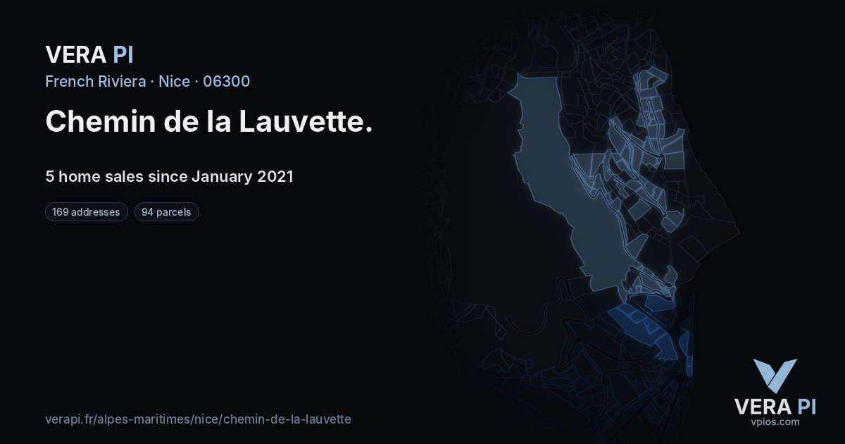 Chemin de la Lauvette, Nice at night – every parcel coloured by the prices around it, the street's own parcels lit