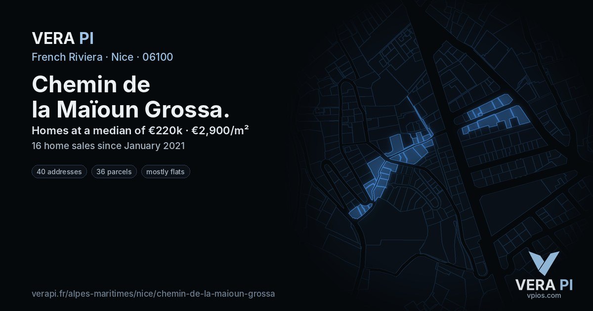 Chemin de la Maïoun Grossa, Nice at night – every parcel coloured by the prices around it, the street's own parcels lit