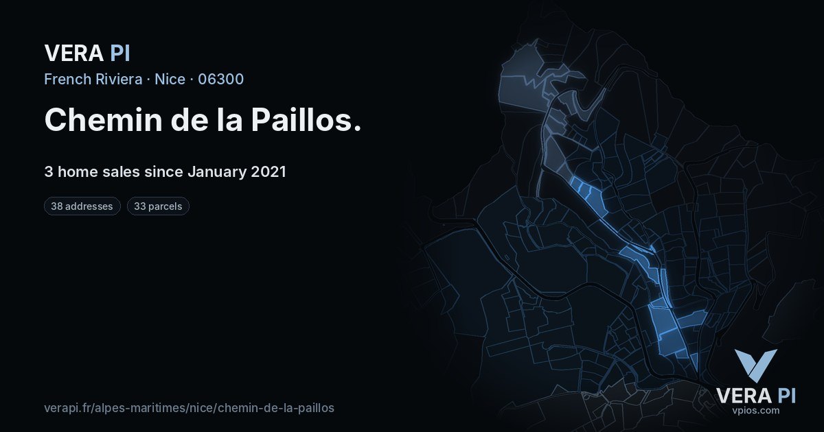 Chemin de la Paillos, Nice at night – every parcel coloured by the prices around it, the street's own parcels lit