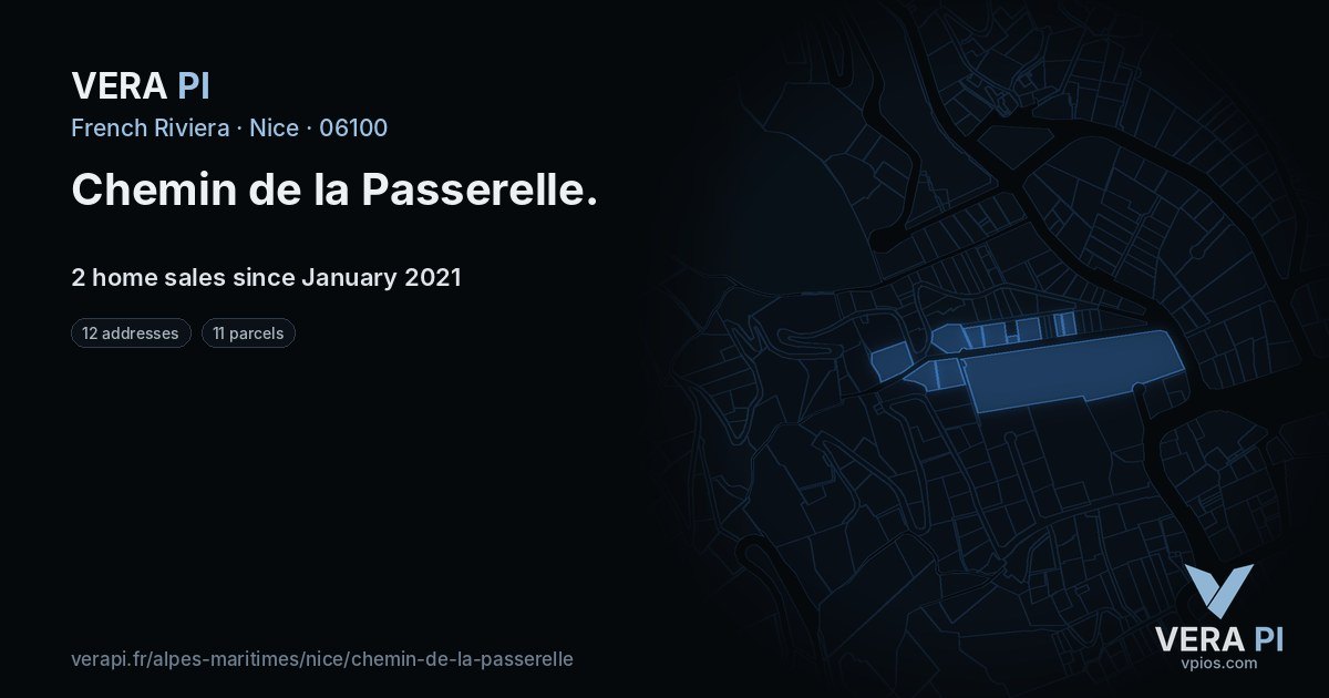 Chemin de la Passerelle, Nice at night – every parcel coloured by the prices around it, the street's own parcels lit