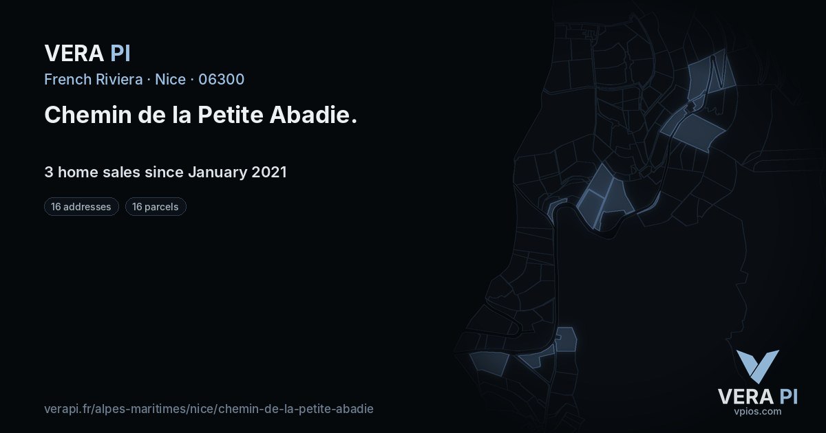 Chemin de la Petite Abadie, Nice at night – every parcel coloured by the prices around it, the street's own parcels lit