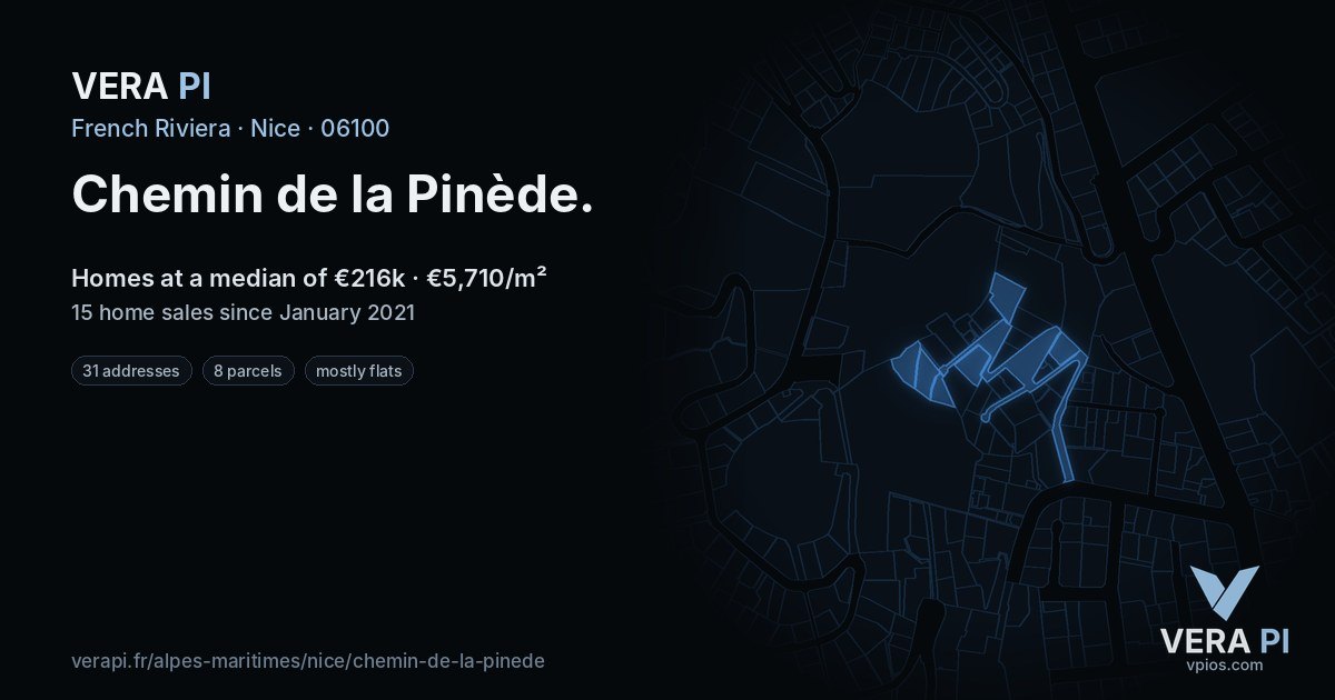 Chemin de la Pinède, Nice at night – every parcel coloured by the prices around it, the street's own parcels lit