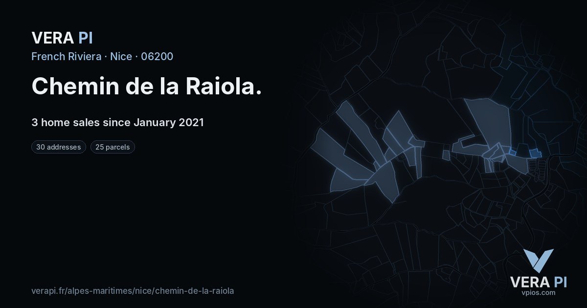 Chemin de la Raiola, Nice at night – every parcel coloured by the prices around it, the street's own parcels lit