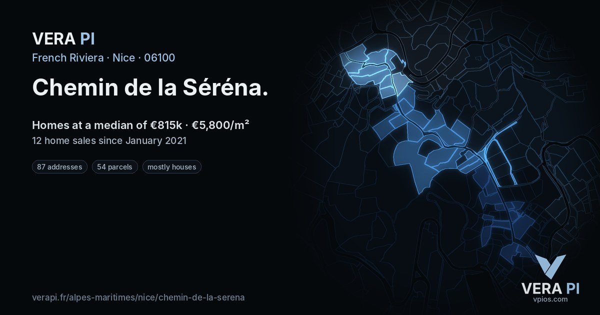 Chemin de la Séréna, Nice at night – every parcel coloured by the prices around it, the street's own parcels lit