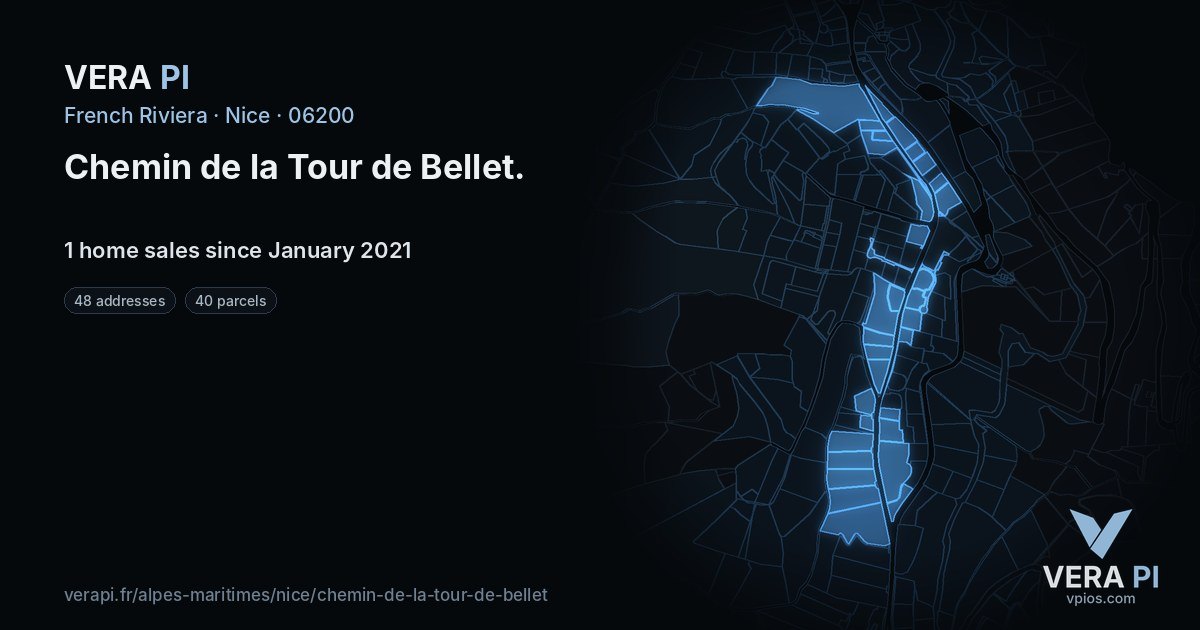 Chemin de la Tour de Bellet, Nice at night – every parcel coloured by the prices around it, the street's own parcels lit