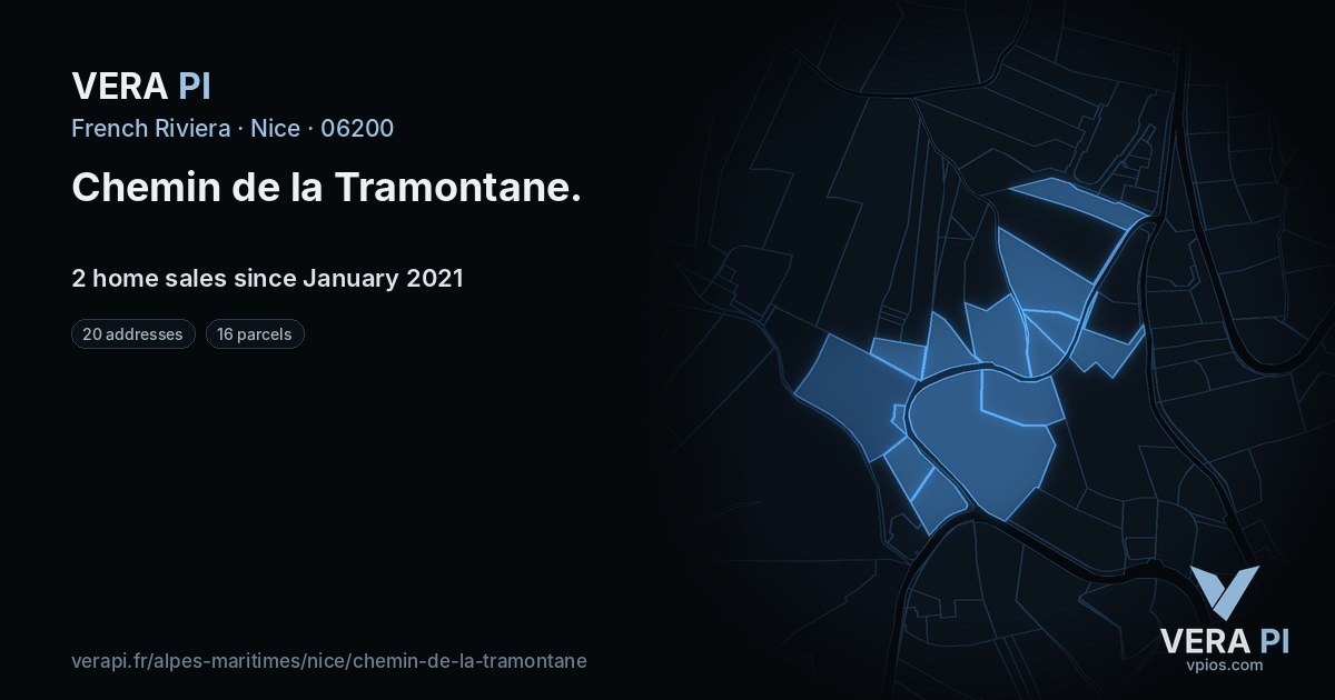 Chemin de la Tramontane, Nice at night – every parcel coloured by the prices around it, the street's own parcels lit
