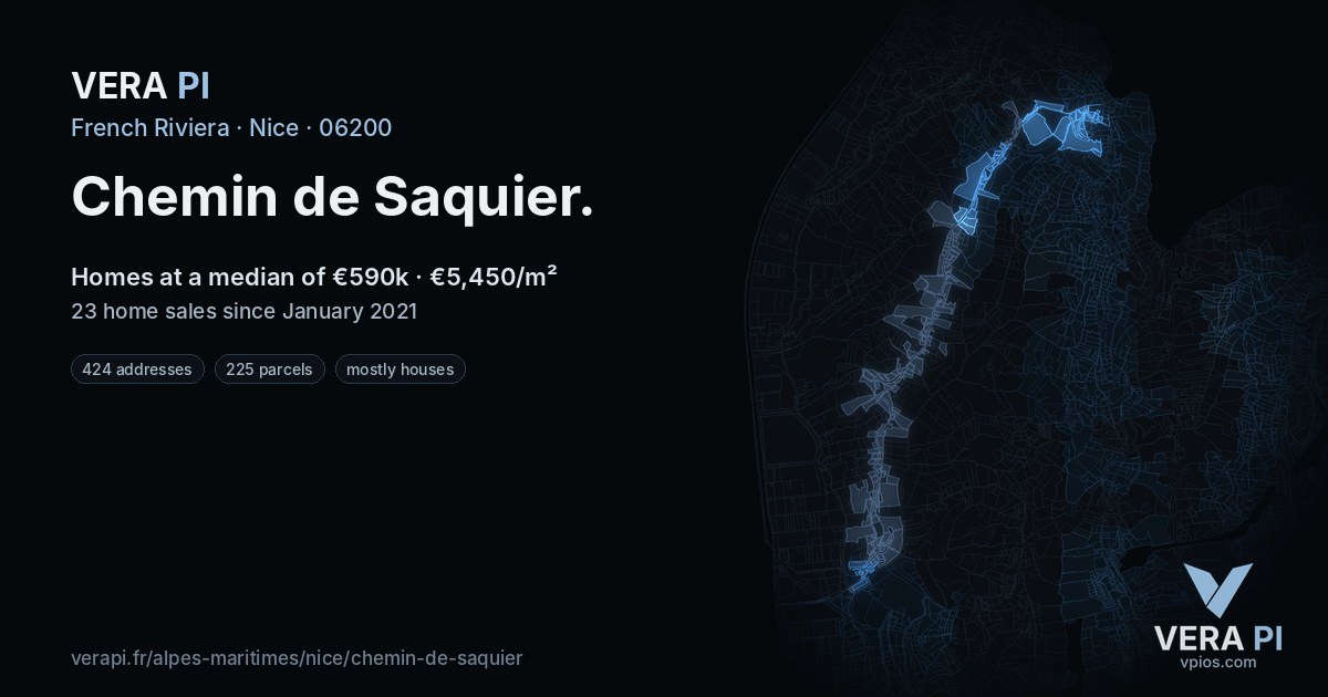 Chemin de Saquier, Nice at night – every parcel coloured by the prices around it, the street's own parcels lit
