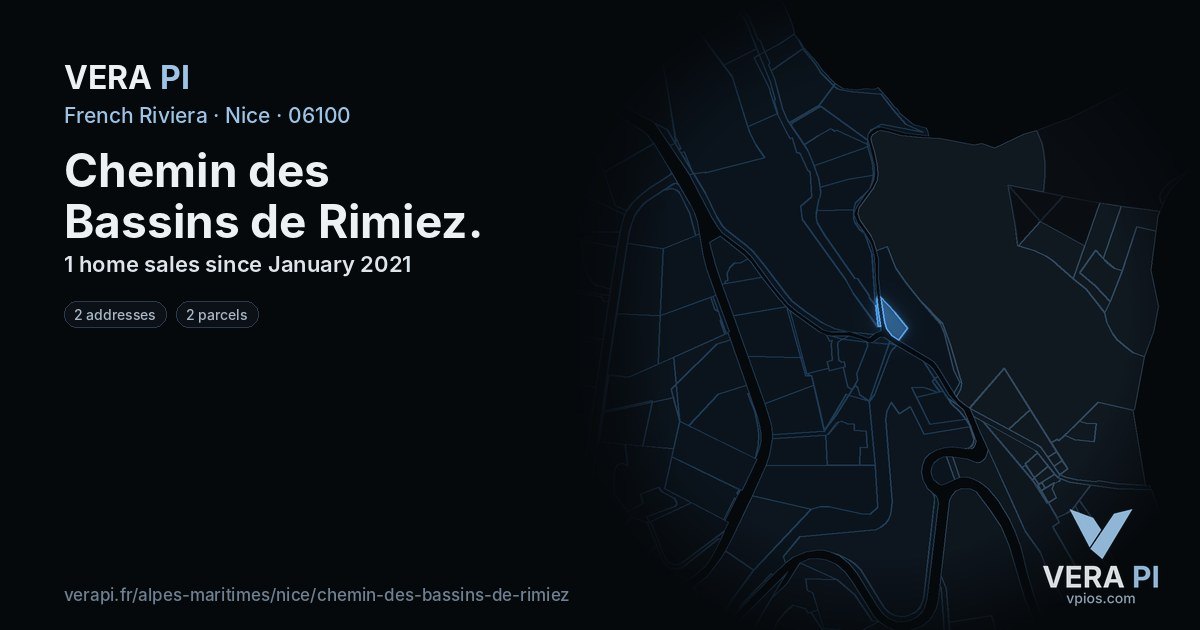 Chemin des Bassins de Rimiez, Nice at night – every parcel coloured by the prices around it, the street's own parcels lit