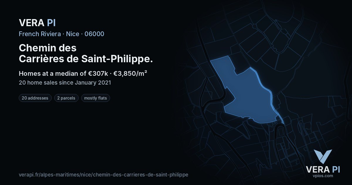 Chemin des Carrières de Saint-Philippe, Nice at night – every parcel coloured by the prices around it, the street's own parcels lit