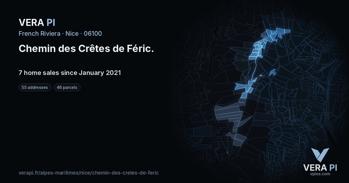 Chemin des Crêtes de Féric, Nice at night – every parcel coloured by the prices around it, the street's own parcels lit