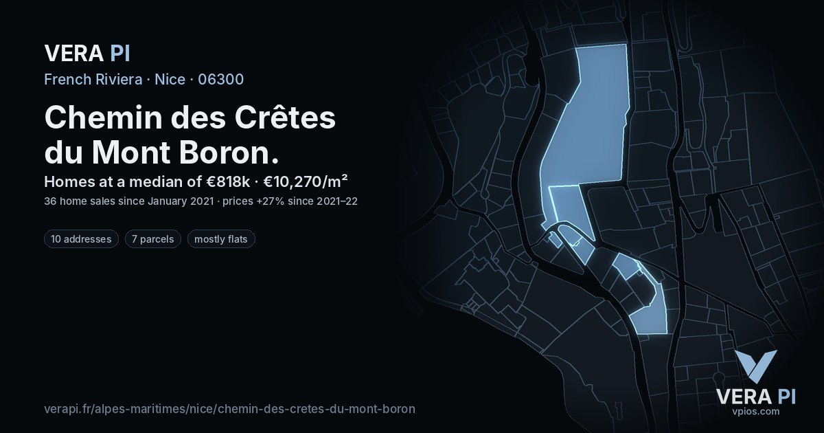 Chemin des Crêtes du Mont Boron, Nice at night – every parcel coloured by the prices around it, the street's own parcels lit