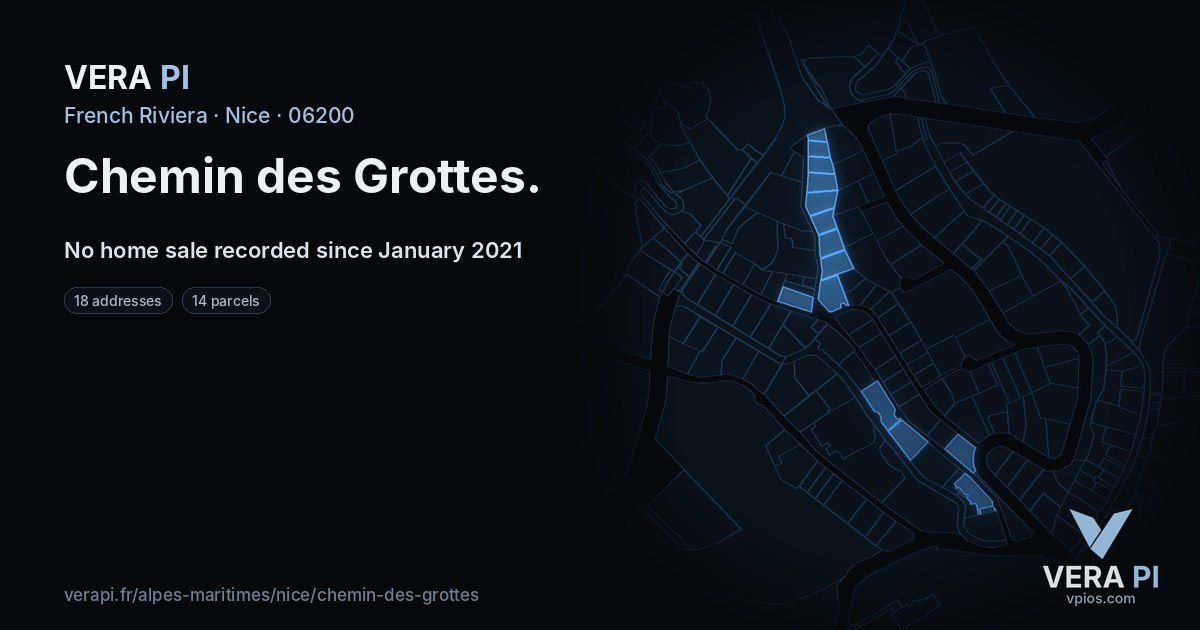 Chemin des Grottes, Nice at night – every parcel coloured by the prices around it, the street's own parcels lit