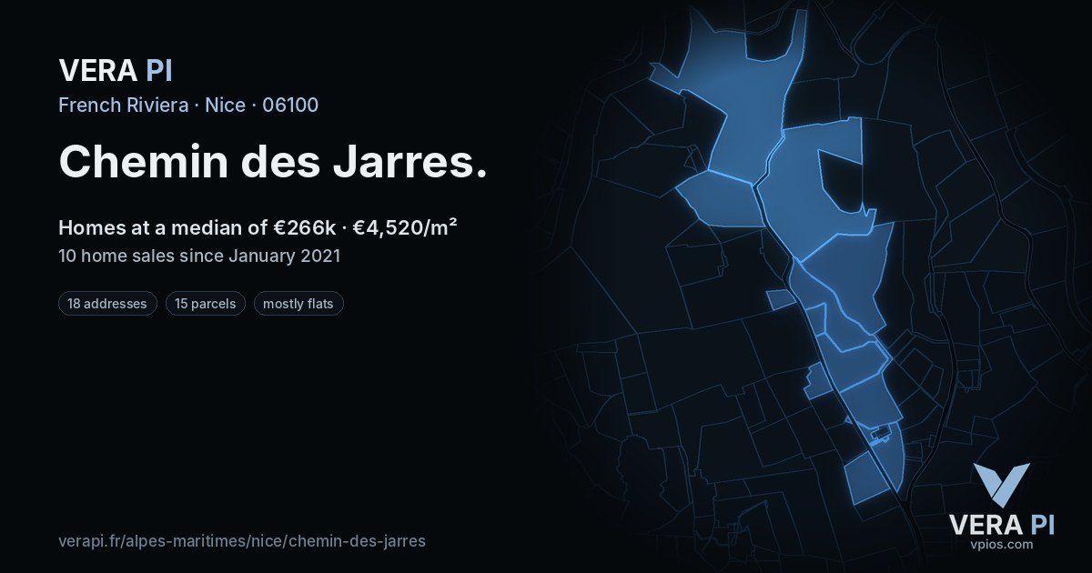 Chemin des Jarres, Nice at night – every parcel coloured by the prices around it, the street's own parcels lit